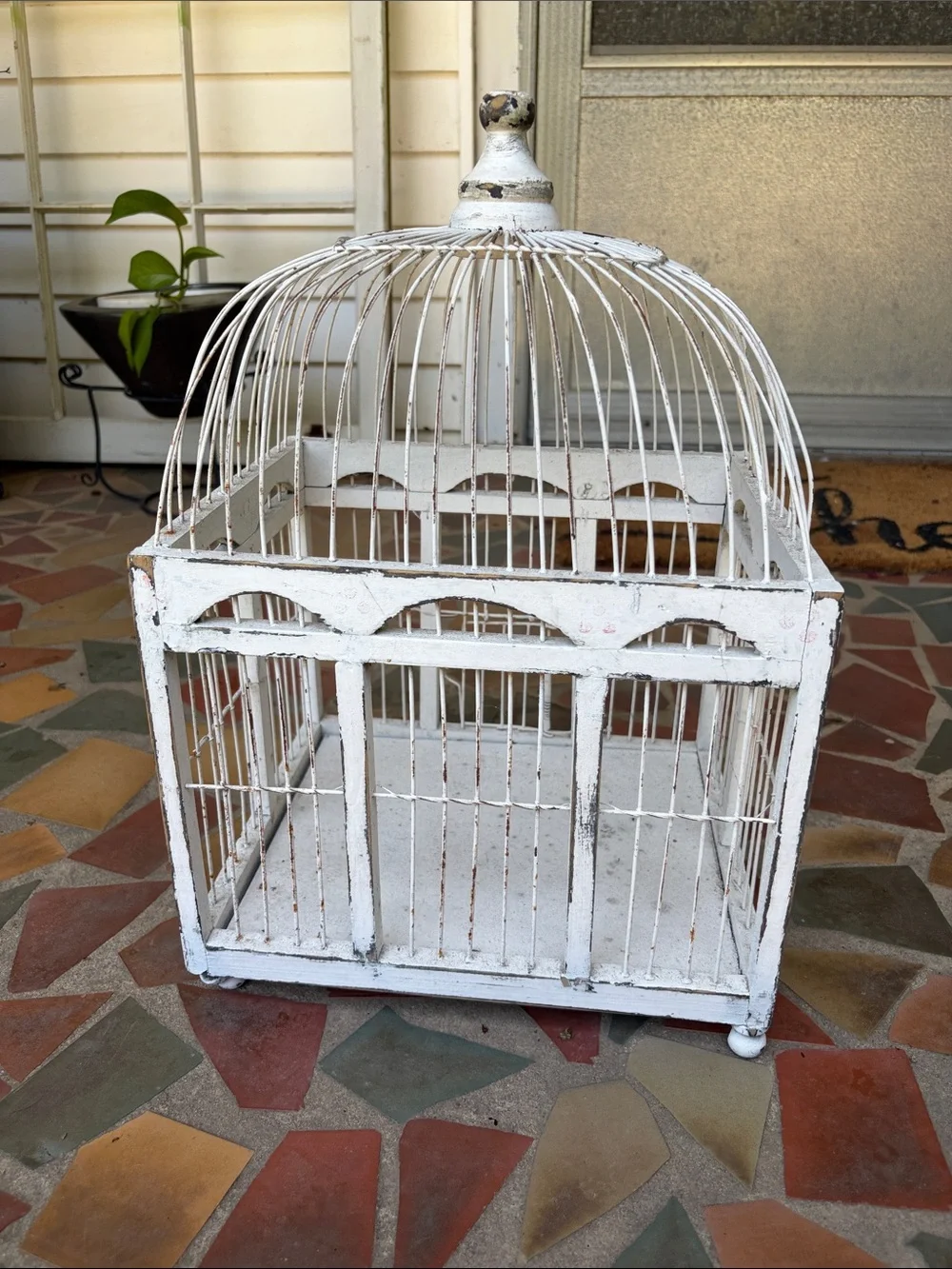 Vintage White Decorative Bird Cage Hand Painted Wood and Wire